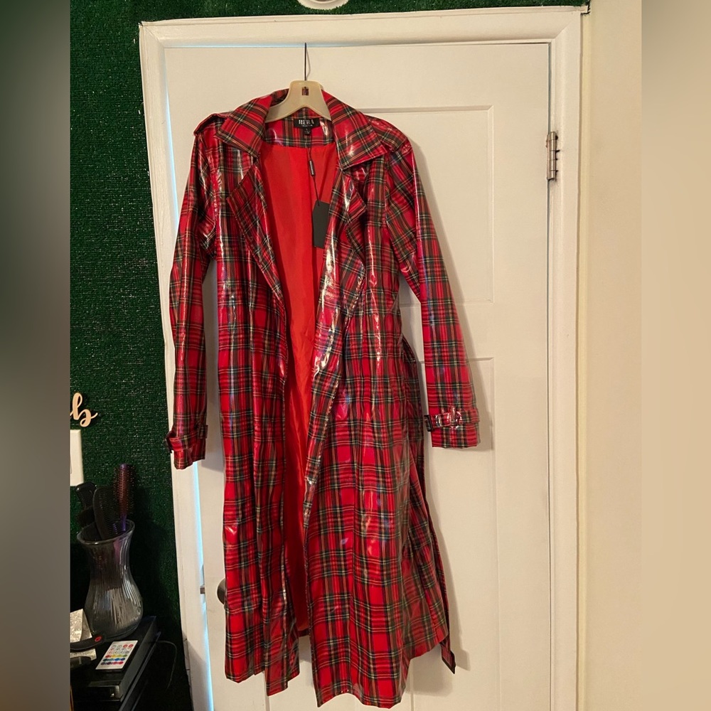 AKIRA RED PLAID TRENCH